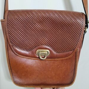 Vintage Brown Leather Crossbody Bag with Weave Pattern, Made in Italy